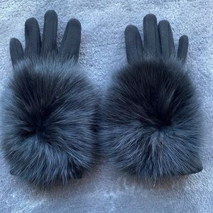 Women’s Black Gloves with Blue Fox Trim